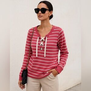 Old Navy | Deep Coral & White Striped Lace-Up Shirt • Size M